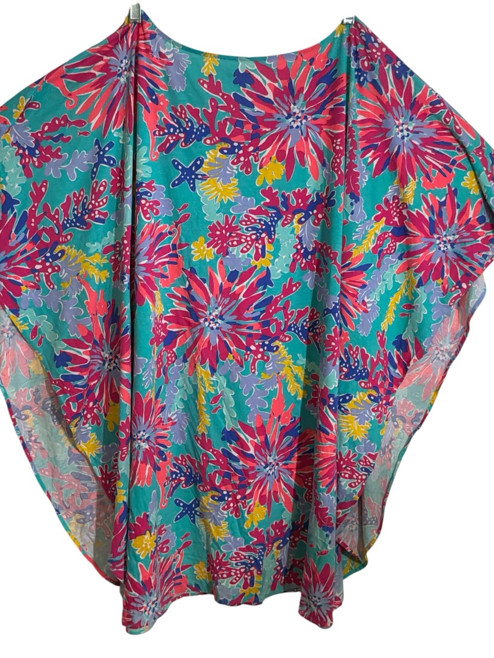 Lilly Pulitzer Turquoise Floral Caftan Coverup with Pink & Yellow Accents - Picture 4 of 8